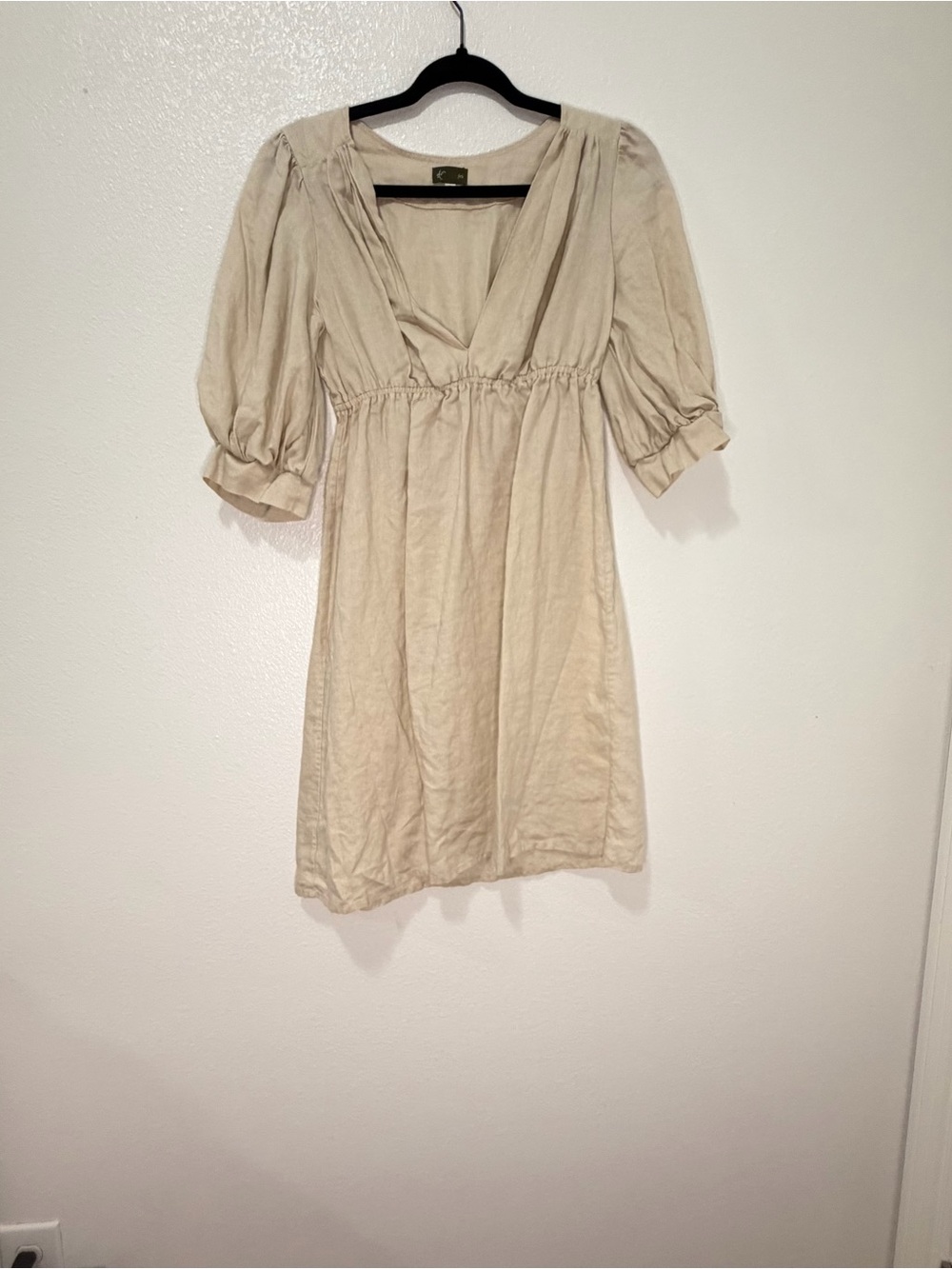 Beige Puff-Sleeve Empire Waist Dress - 100% Linen